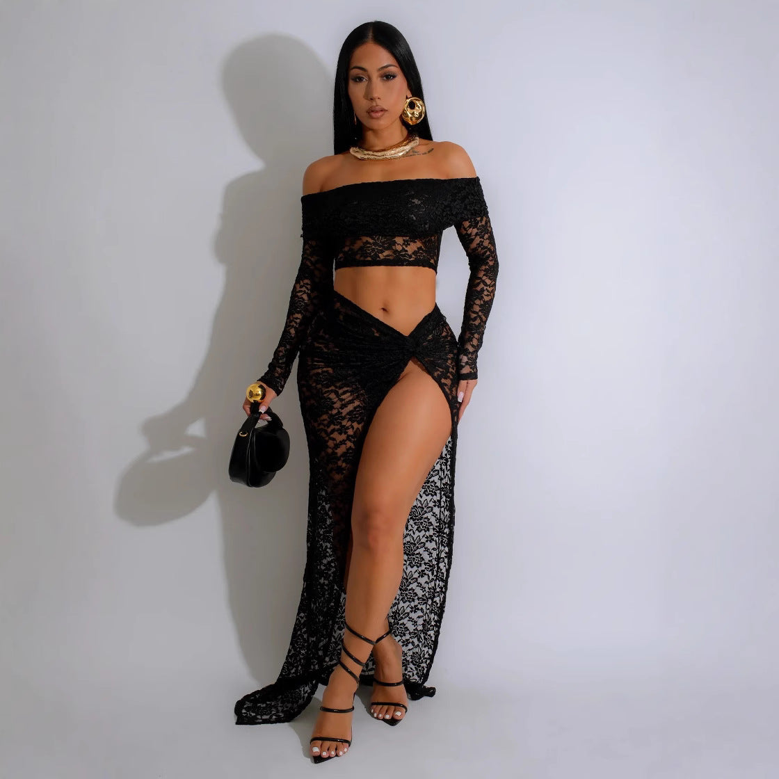 Sexy Tube Top Lace Suit Skirt Autumn Long Sleeve Pleated High Slit Women Skirt Bella Mia